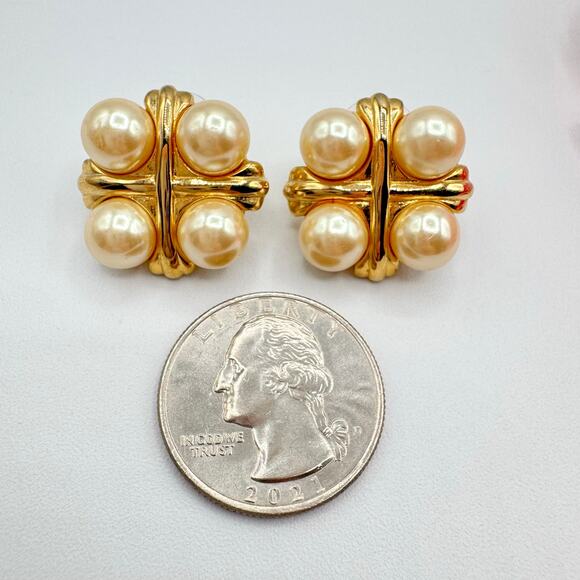 Vintage Givenchy Ivory Faux Pearl Maltese Cross Stud Earrings Gold Tone Signed - Picture 5 of 8